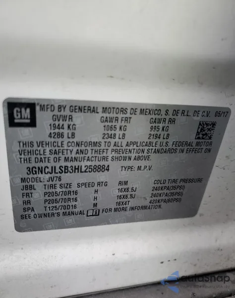 2017 Chevrolet Trax 1Lt из США, поврежденный, VIN 3GNCJLSB3HL258884